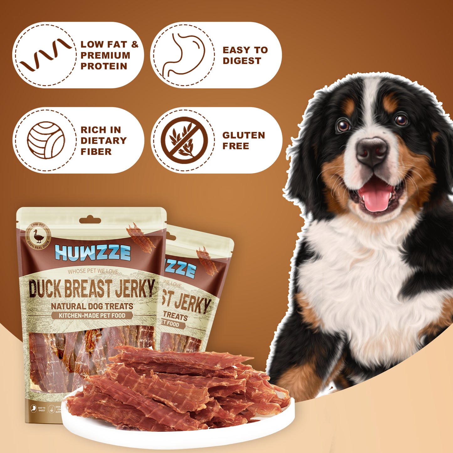 HUWZZE Duck Breast Jerky for Dogs, Natural Dog Treats Chewy Snacks Made with Real Duck Breast 10.6 oz