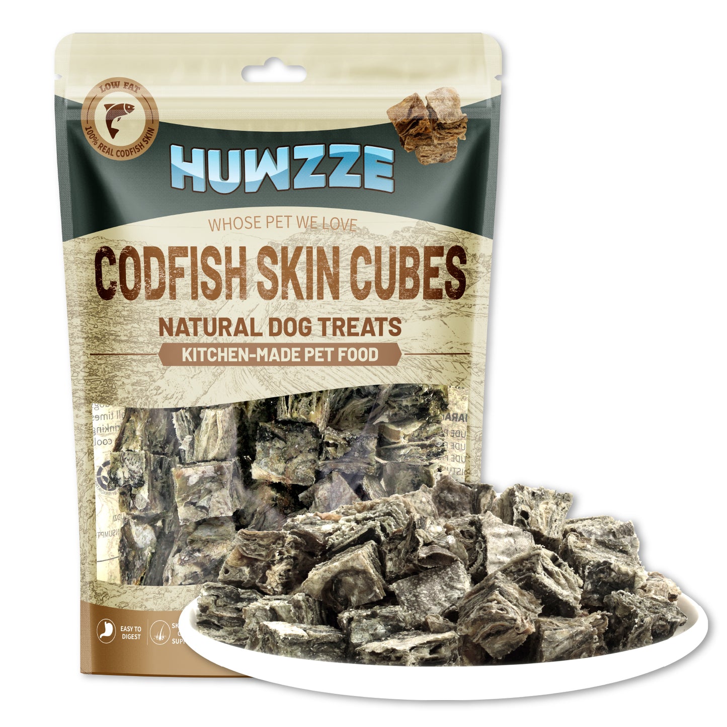 HUWZZE Codfish Skin Cubes for Dogs, Grain Free Dog Treats Chewy Snacks, Rich in Omega-3 and Protein 8.8 oz