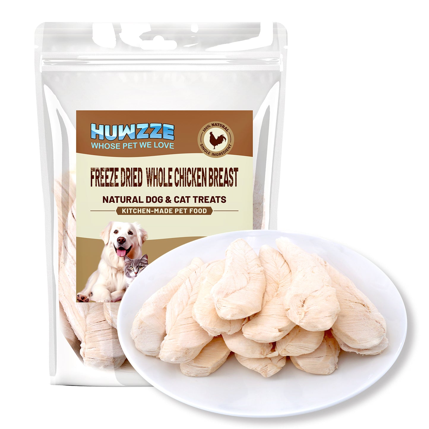 HUWZZE Freeze Dried Whole Chicken Breast Treats for Cats & Dogs, Single Ingredient All Natural Grain-Free Dog Treats Snacks-Pet Food Perfect for Training 5.3 oz