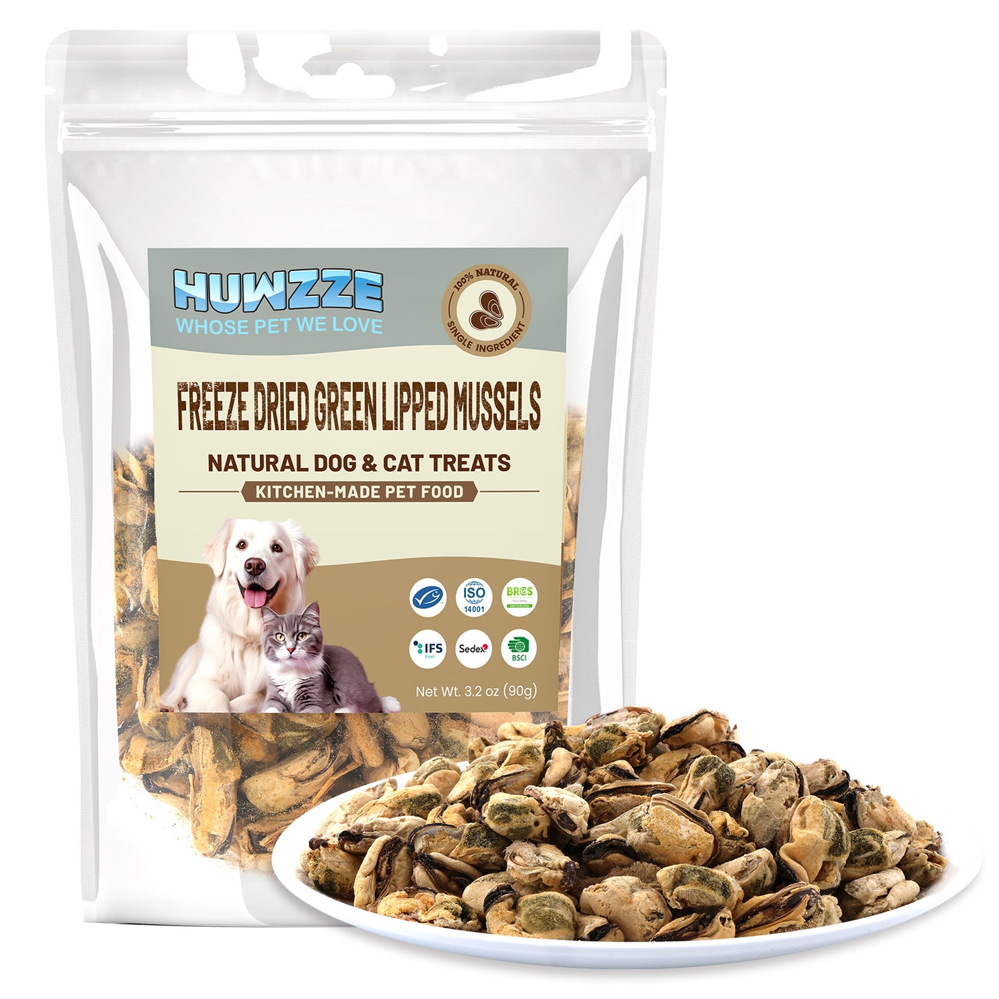 HUWZZE Freeze Dried Green Lipped Mussel Treats for Cats & Dogs, Single Ingredient All Natural Dog Treats Snacks-Human Grade Pet Food Perfect for Training 3.2 oz