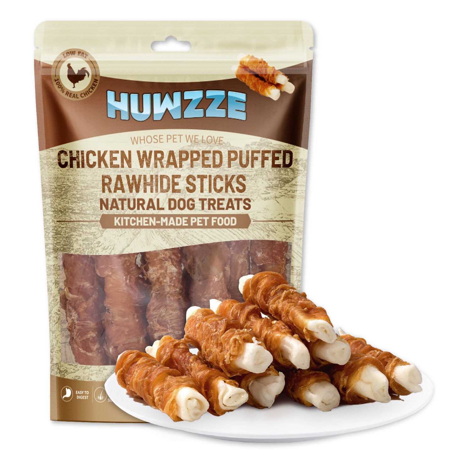 HUWZZE Chicken Wrapped Puffed Rawhide Sticks, Grain Free Dog Treats Chewy Snacks 11.1 oz
