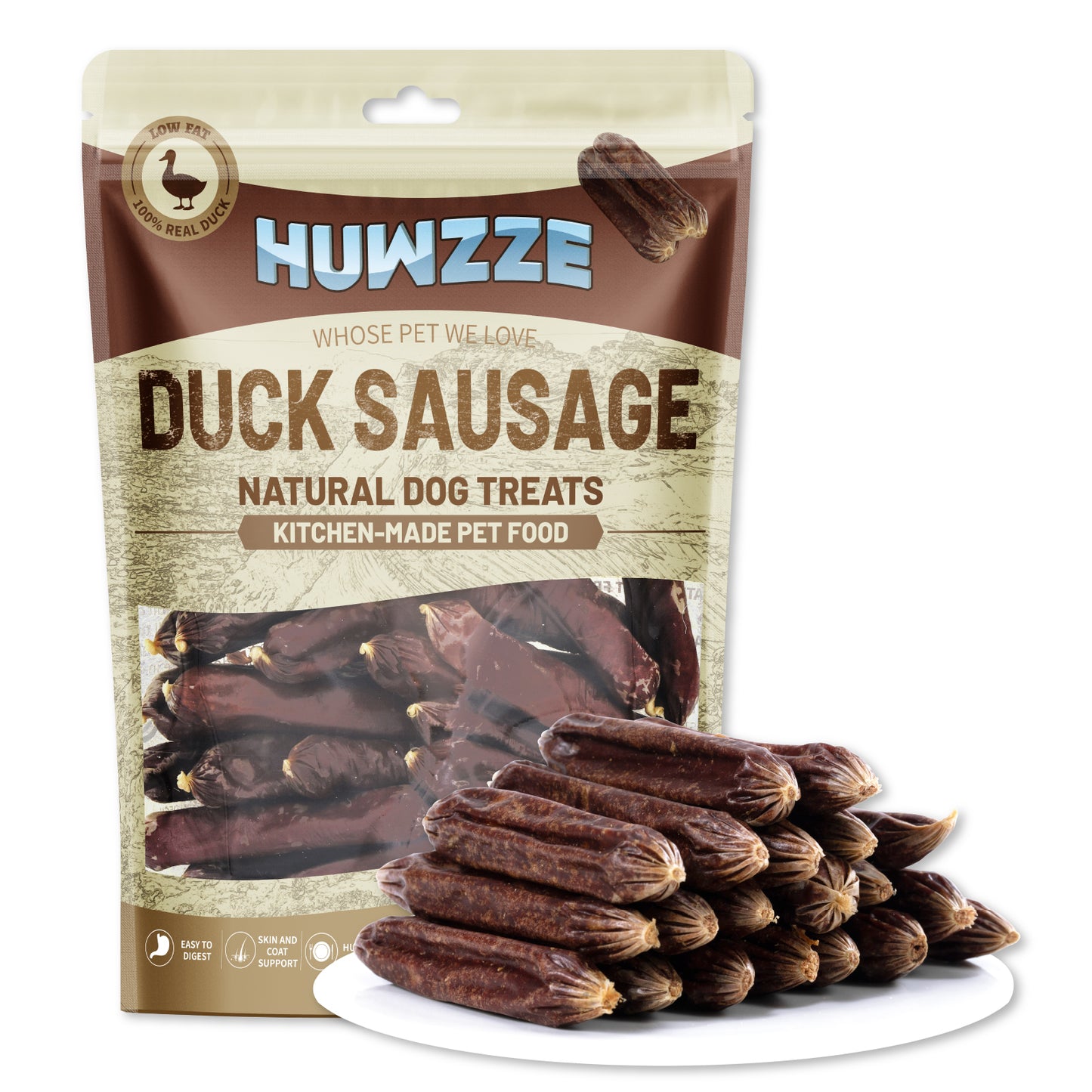 HUWZZE Duck Sausage for Dogs & Cats, Human Grade Dog Treats Snacks 14.1 oz