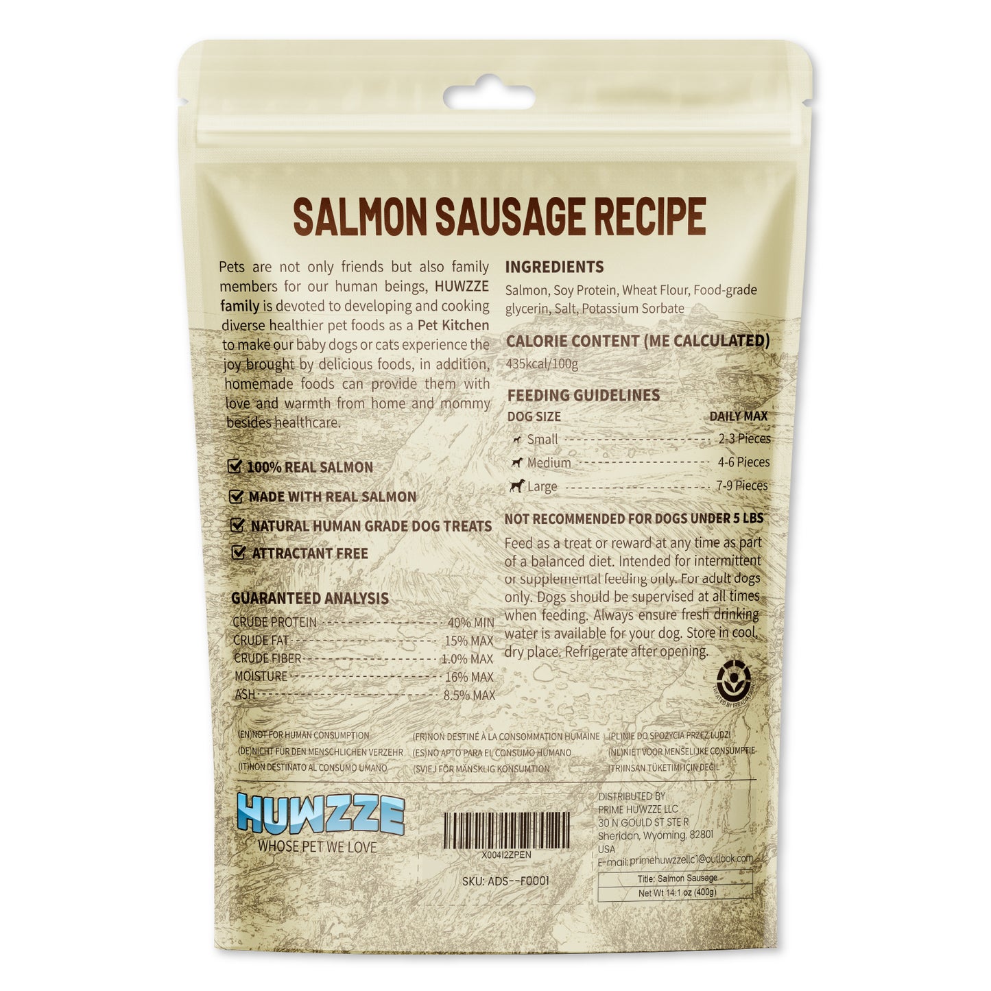 HUWZZE Salmon Sausage for Dogs & Cats, Human Grade Dog Treats Snacks 14.1 oz