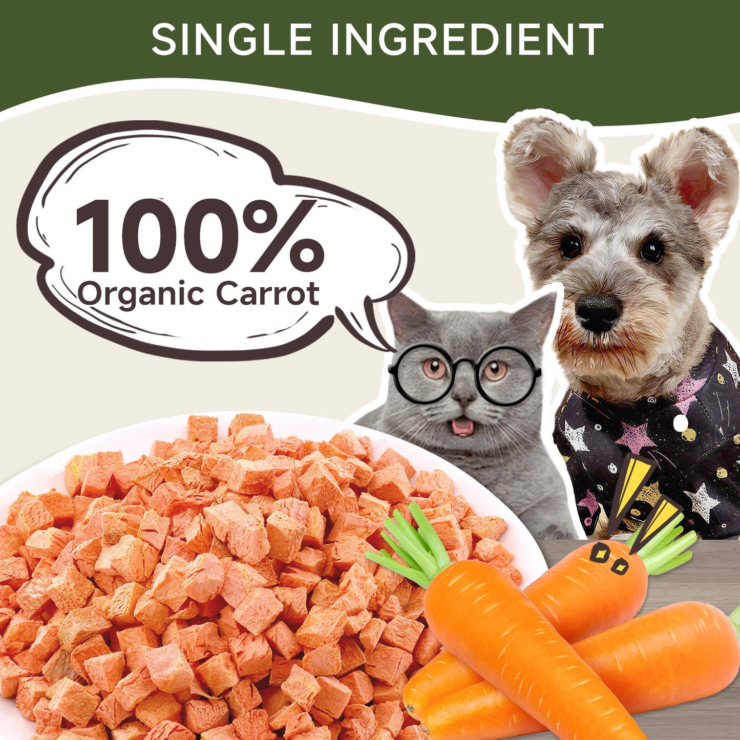 HUWZZE Freeze Dried Organic Carrot Treats for Cats & Dogs, Single Ingredient All Natural Dog Treats Snacks-Diabetic Friendly Pet Food Perfect for Training 2.5 oz