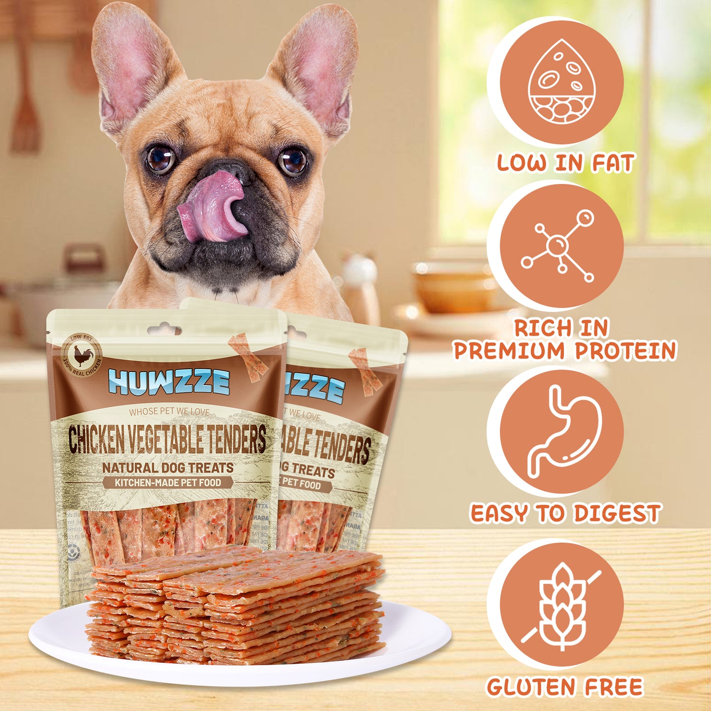HUWZZE Chicken Vegetable Tenders with Carrots and Spinach for Dogs & Cats, Rawhide Free Dog Treats Chewy Snacks 15.9 oz