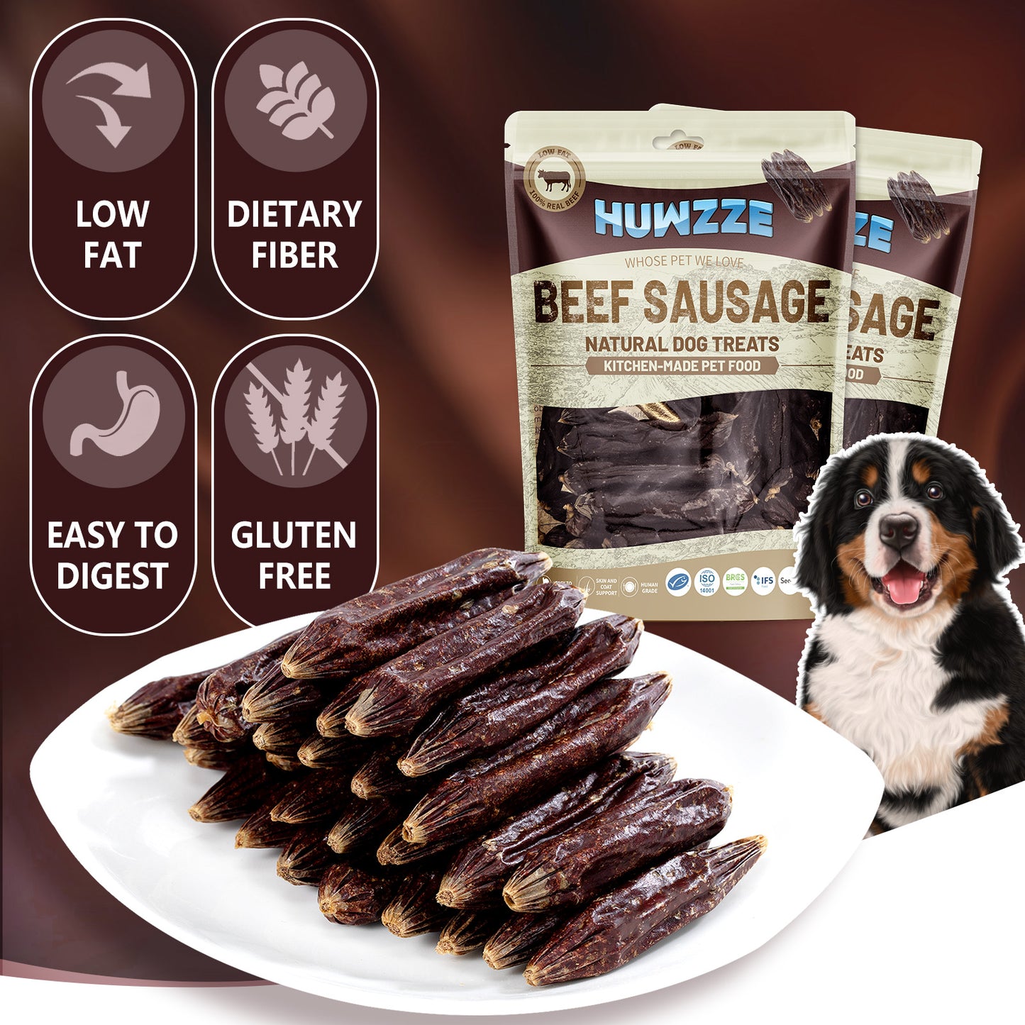 HUWZZE Beef Sausage for Dogs & Cats, Human Grade Dog Treats Snacks 14.1 oz