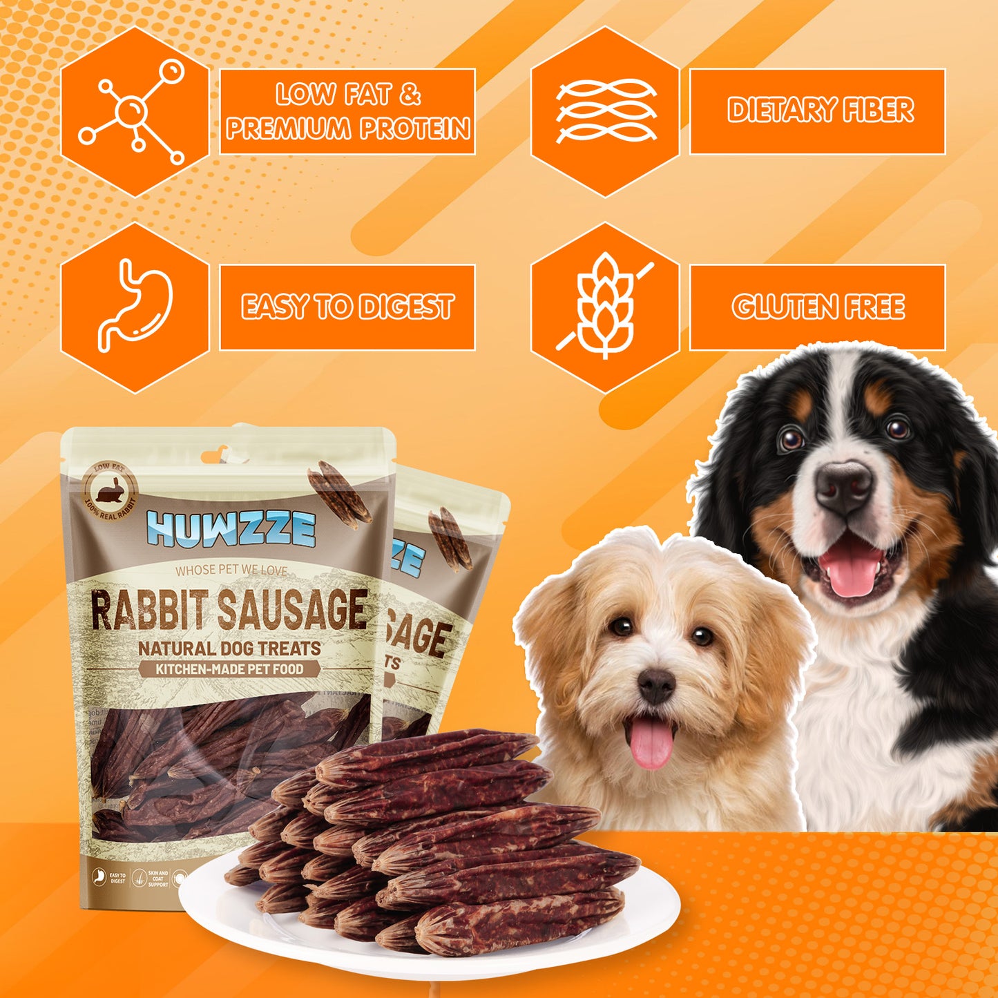 HUWZZE Rabbit Sausage for Dogs & Cats, Human Grade Dog Treats Snacks 14.1 oz