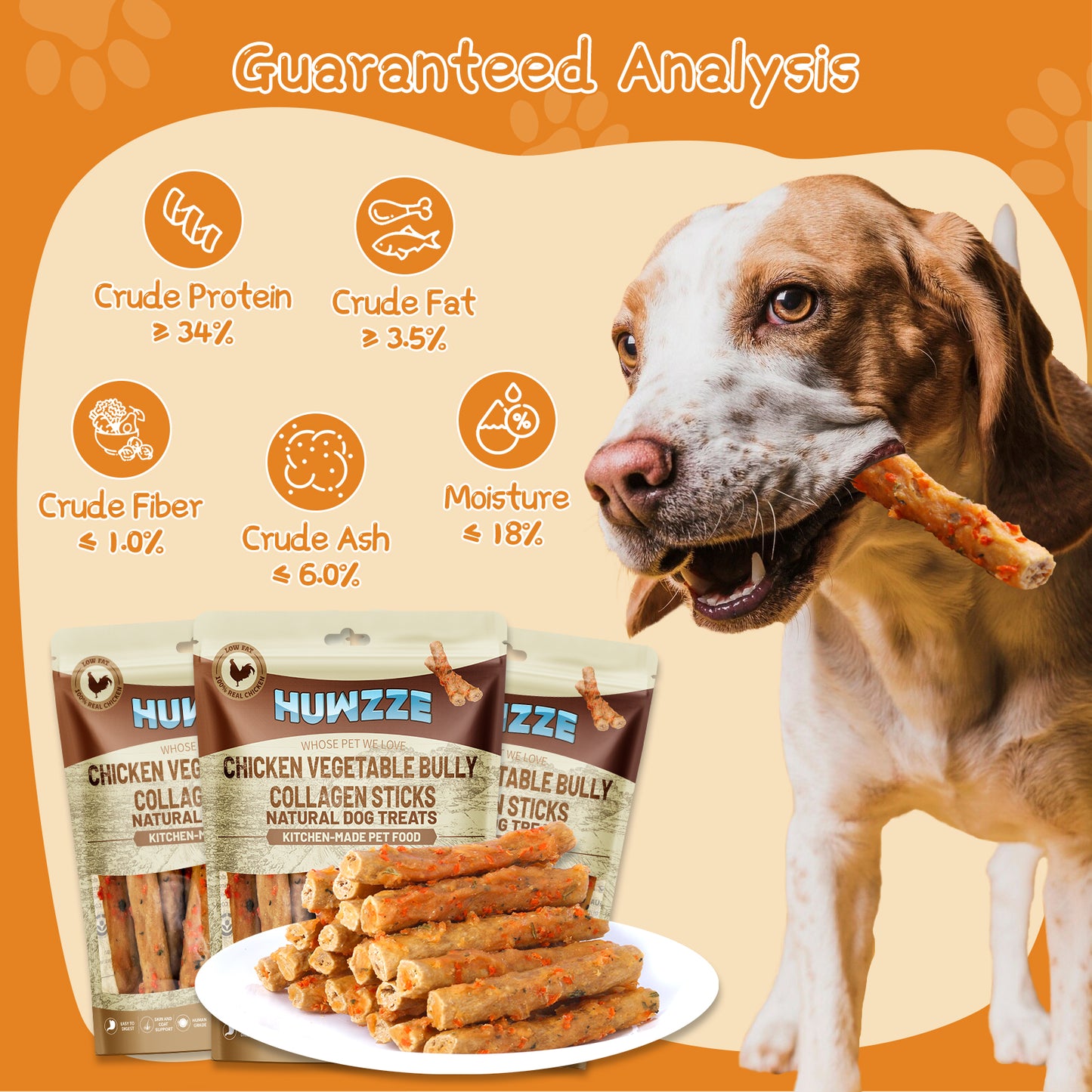 HUWZZE Chicken Vegetable Bully Collagen Sticks for Dogs, Rawhide Free Dog Treats Chewy Snacks 12.3 oz