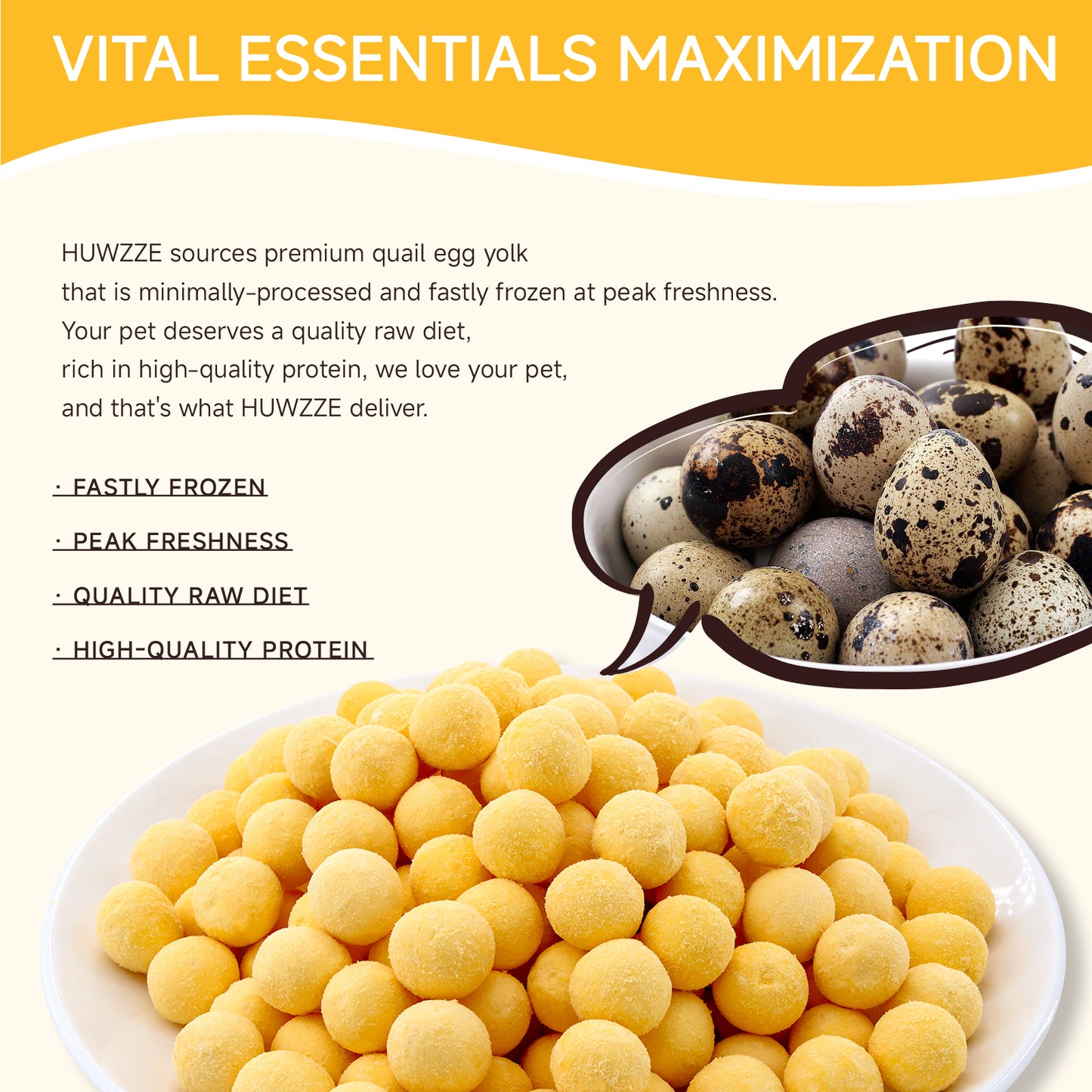 HUWZZE Freeze Dried Quail Egg Yolk Treats for Cats & Dogs, Single Ingredient All Natural Dog Treats Snacks-Grain Free Pet Food Perfect for Training 7.8 oz