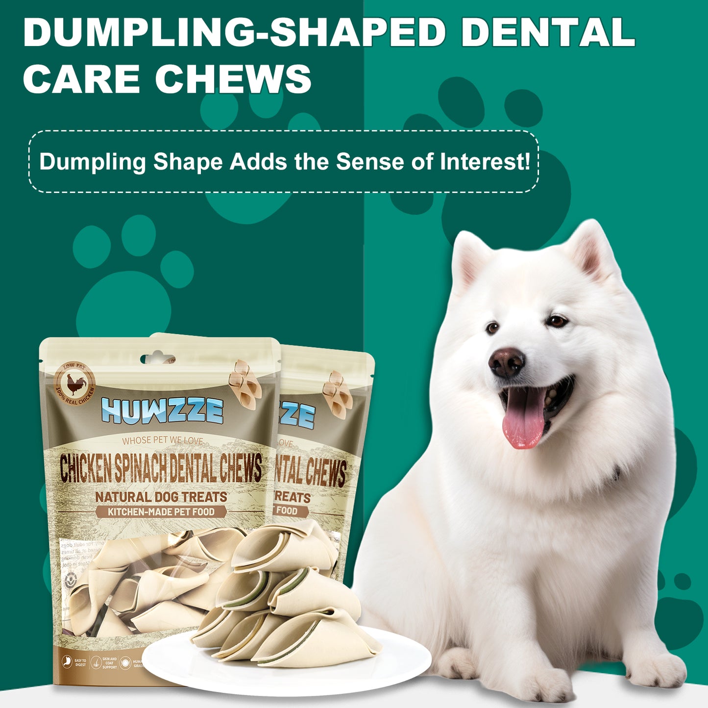 HUWZZE Dental Chews for Dogs, Chicken Spinach Dental Dog Treats Chewy Snacks, Oral Care and Hygiene Chews 14.1 oz