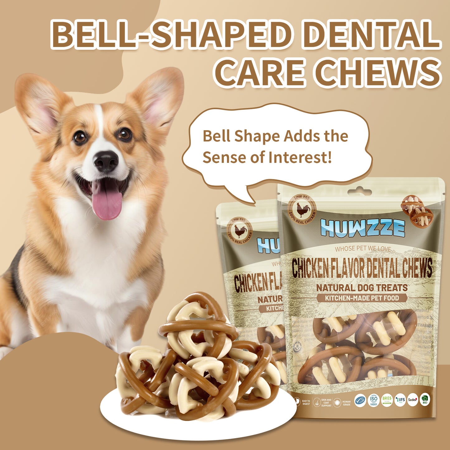 HUWZZE Dental Chews for Dogs, Chicken Flavor Dental Dog Treats Chewy Snacks, Bell-shaped Oral Care and Hygiene Chews 12 oz