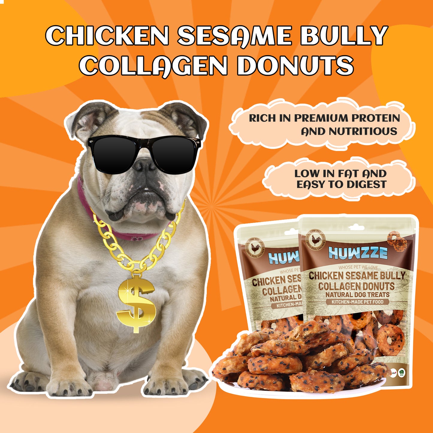 HUWZZE Chicken Sesame Bully Collagen Donuts for Dogs, Rawhide Free Dog Treats Chewy Snacks 11.6 oz