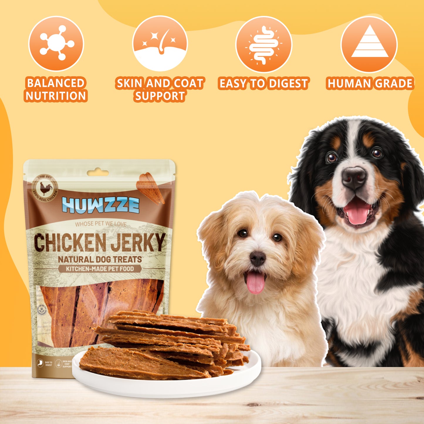 HUWZZE Chicken Jerky for Dogs & Cats, Natural Dog Treats Made with Real Chicken Breast 14.1 oz