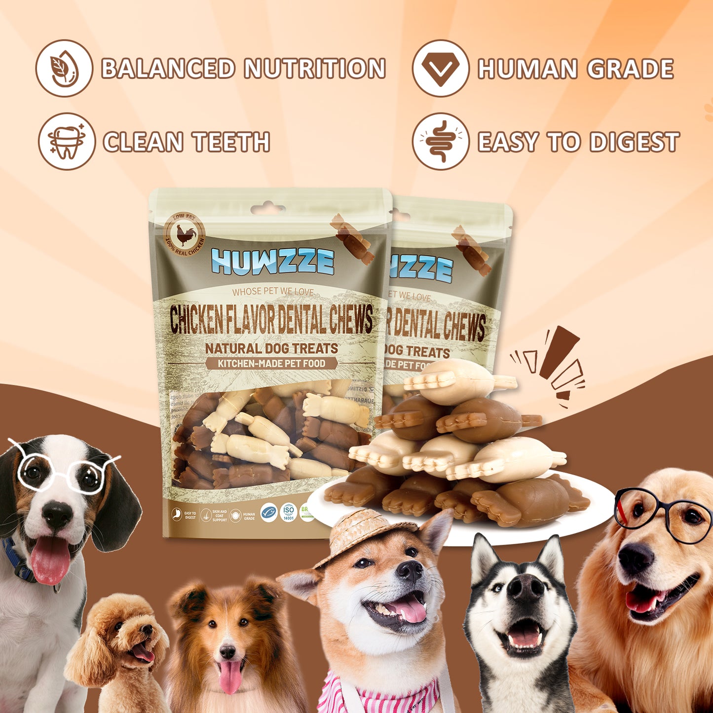 HUWZZE Dental Chews for Dogs, Chicken Flavor Dental Dog Treats Chewy Snacks, Candy-shaped Oral Care and Hygiene Chews 21.2 oz