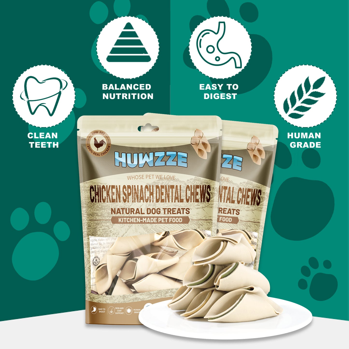 HUWZZE Dental Chews for Dogs, Chicken Spinach Dental Dog Treats Chewy Snacks, Oral Care and Hygiene Chews 14.1 oz