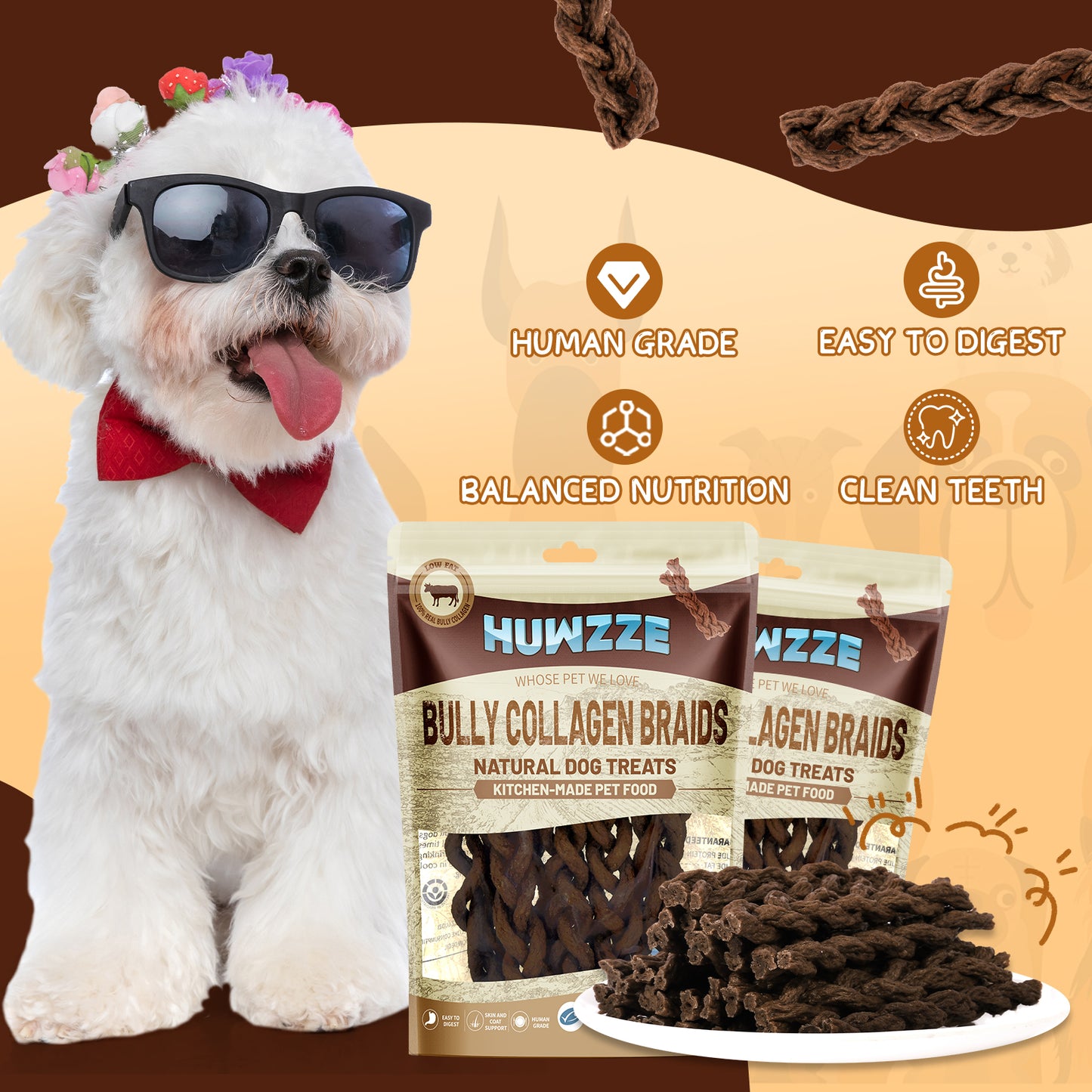 HUWZZE Bully Collagen Braids for Dogs, Rawhide Free Dog Treats Chewy Snacks 10.6 oz