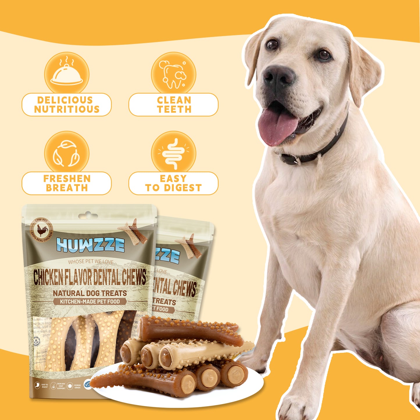 HUWZZE Dental Chews for Dogs, Chicken Flavor Dental Dog Treats Chewy Snacks, Oral Care and Hygiene Chews 18.2 oz
