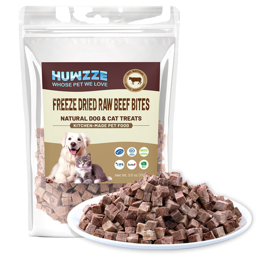 HUWZZE Freeze Dried Raw Beef Bite Treats for Cats & Dogs, Single Ingredient All Natural Dog Treats Snacks-Grain Free Pet Food Perfect for Training 3.5 oz