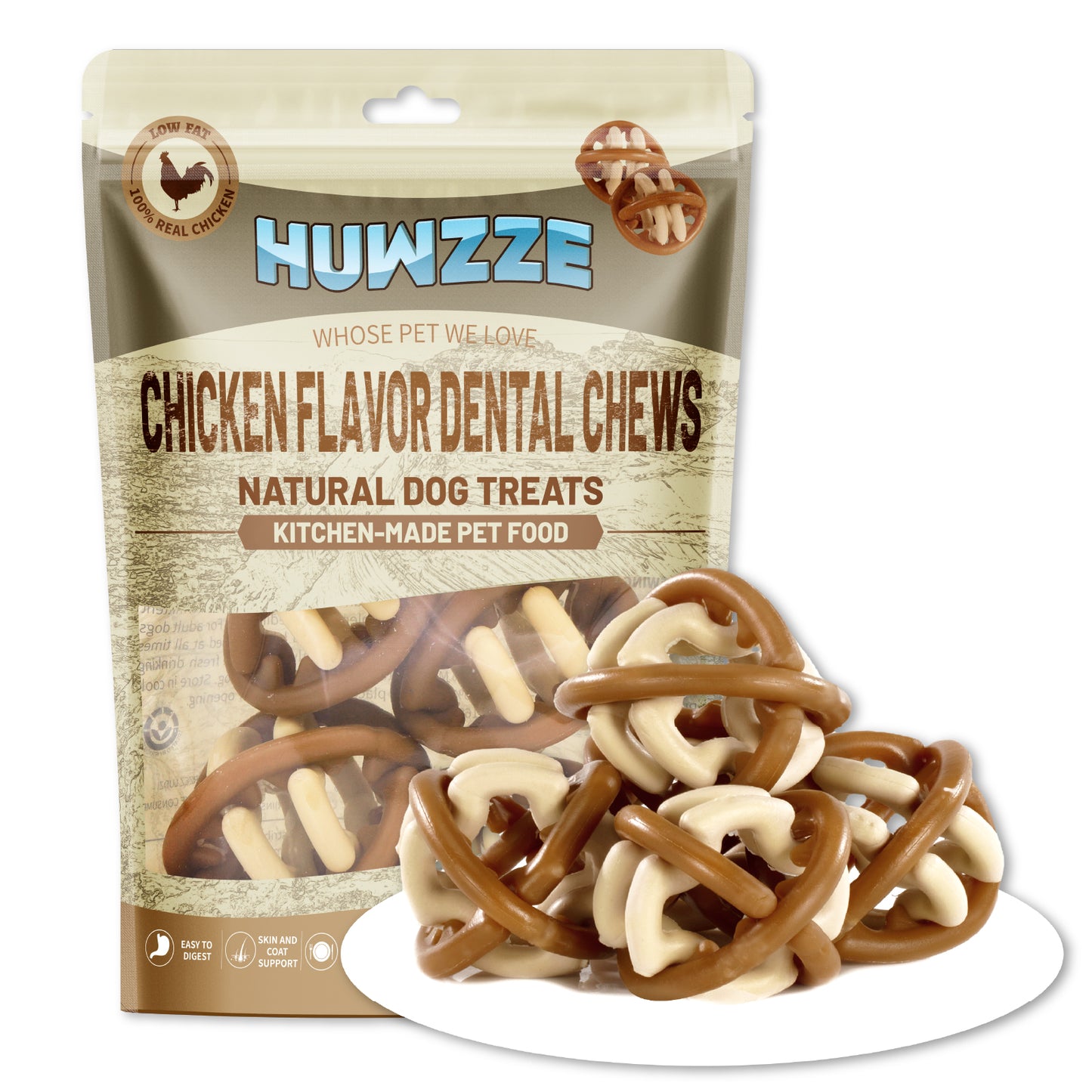 HUWZZE Dental Chews for Dogs, Chicken Flavor Dental Dog Treats Chewy Snacks, Bell-shaped Oral Care and Hygiene Chews 12 oz