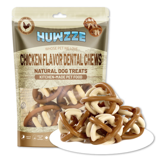 HUWZZE Dental Chews for Dogs, Chicken Flavor Dental Dog Treats Chewy Snacks, Bell-shaped Oral Care and Hygiene Chews 12 oz