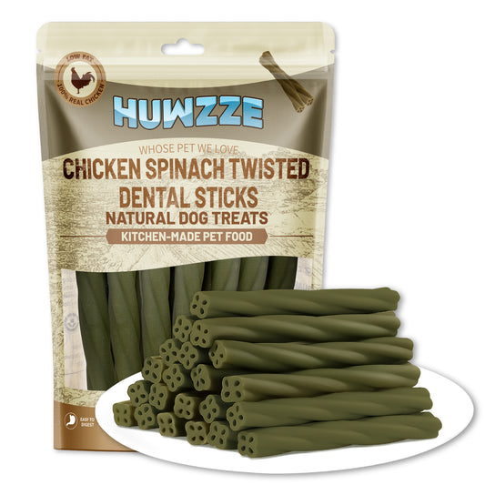 HUWZZE Dental Chews for Dogs, Chicken Spinach Twisted Dental Sticks Dog Treats Chewy Snacks, Oral Care and Hygiene Chews 19.4 oz