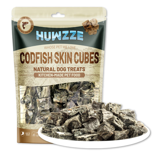 HUWZZE Codfish Skin Cubes for Dogs, Grain Free Dog Treats Chewy Snacks, Rich in Omega-3 and Protein 8.8 oz