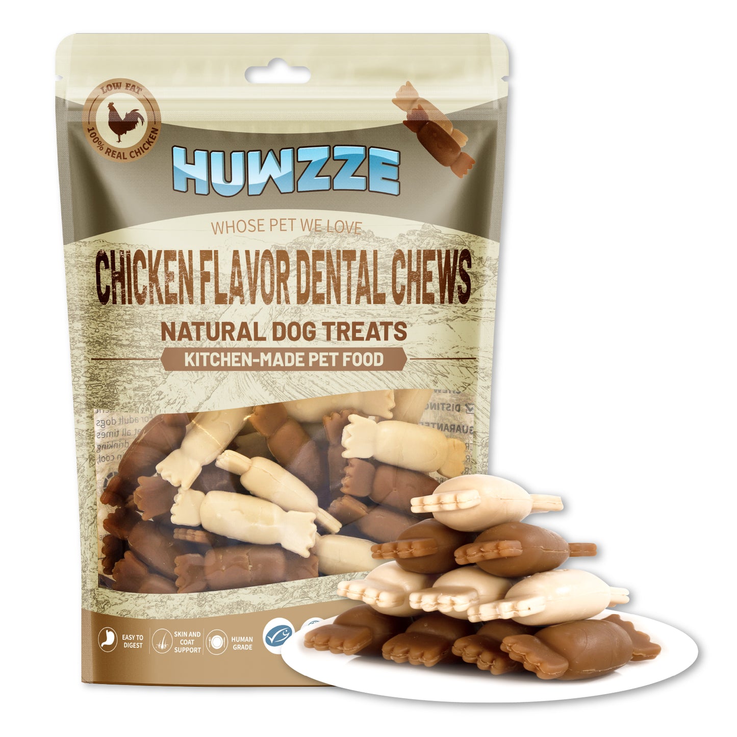 HUWZZE Dental Chews for Dogs, Chicken Flavor Dental Dog Treats Chewy Snacks, Candy-shaped Oral Care and Hygiene Chews 21.2 oz