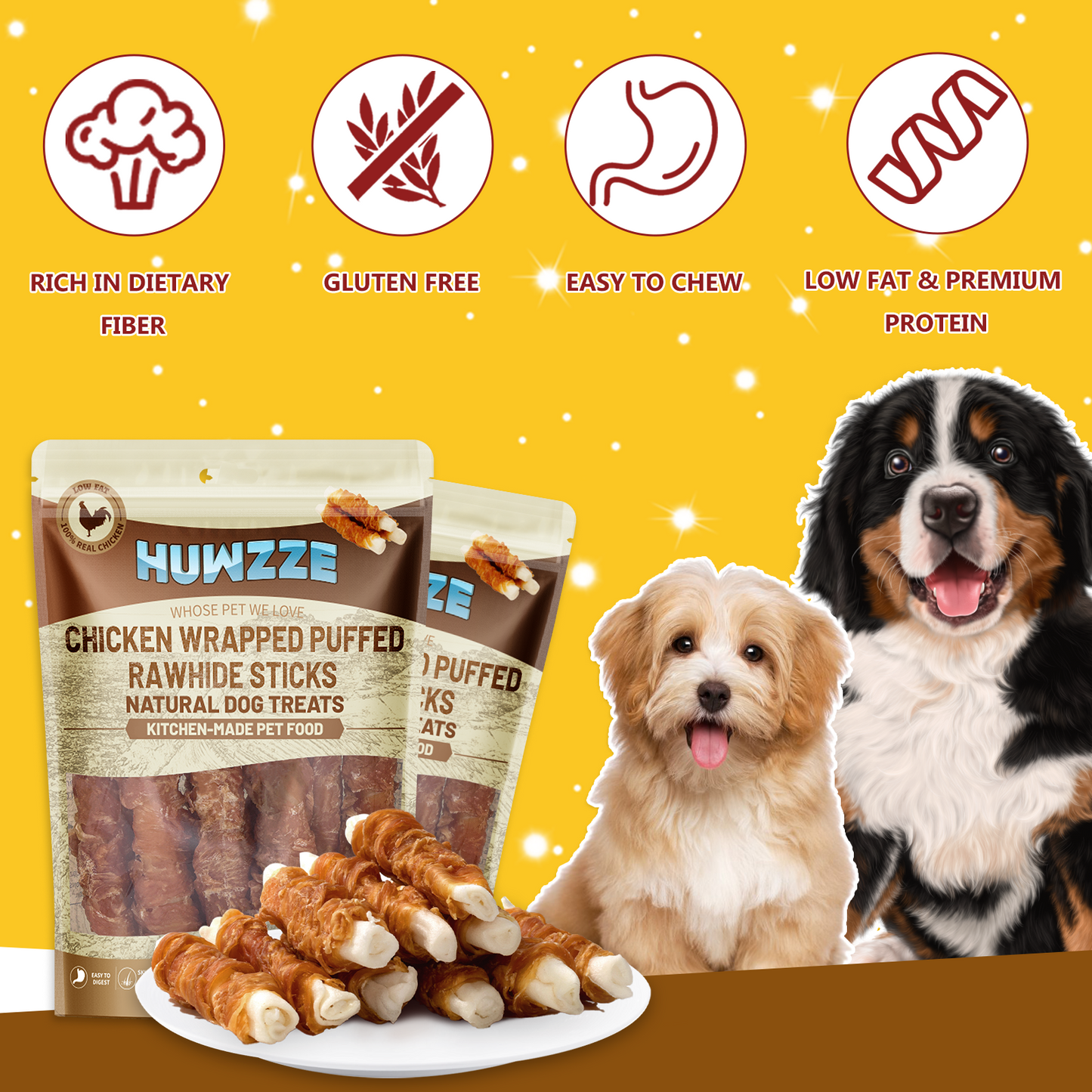 HUWZZE Chicken Wrapped Puffed Rawhide Sticks, Grain Free Dog Treats Chewy Snacks 11.1 oz
