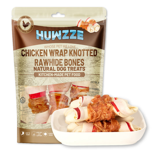 HUWZZE Chicken Wrap Knotted Rawhide Bones for Dogs, Grain Free Dog Treats Chewy Snacks 12.5 oz