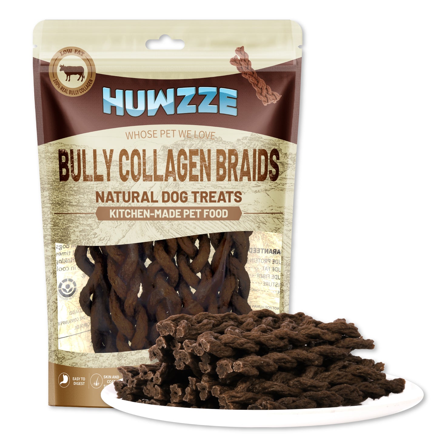 HUWZZE Bully Collagen Braids for Dogs, Rawhide Free Dog Treats Chewy Snacks 10.6 oz