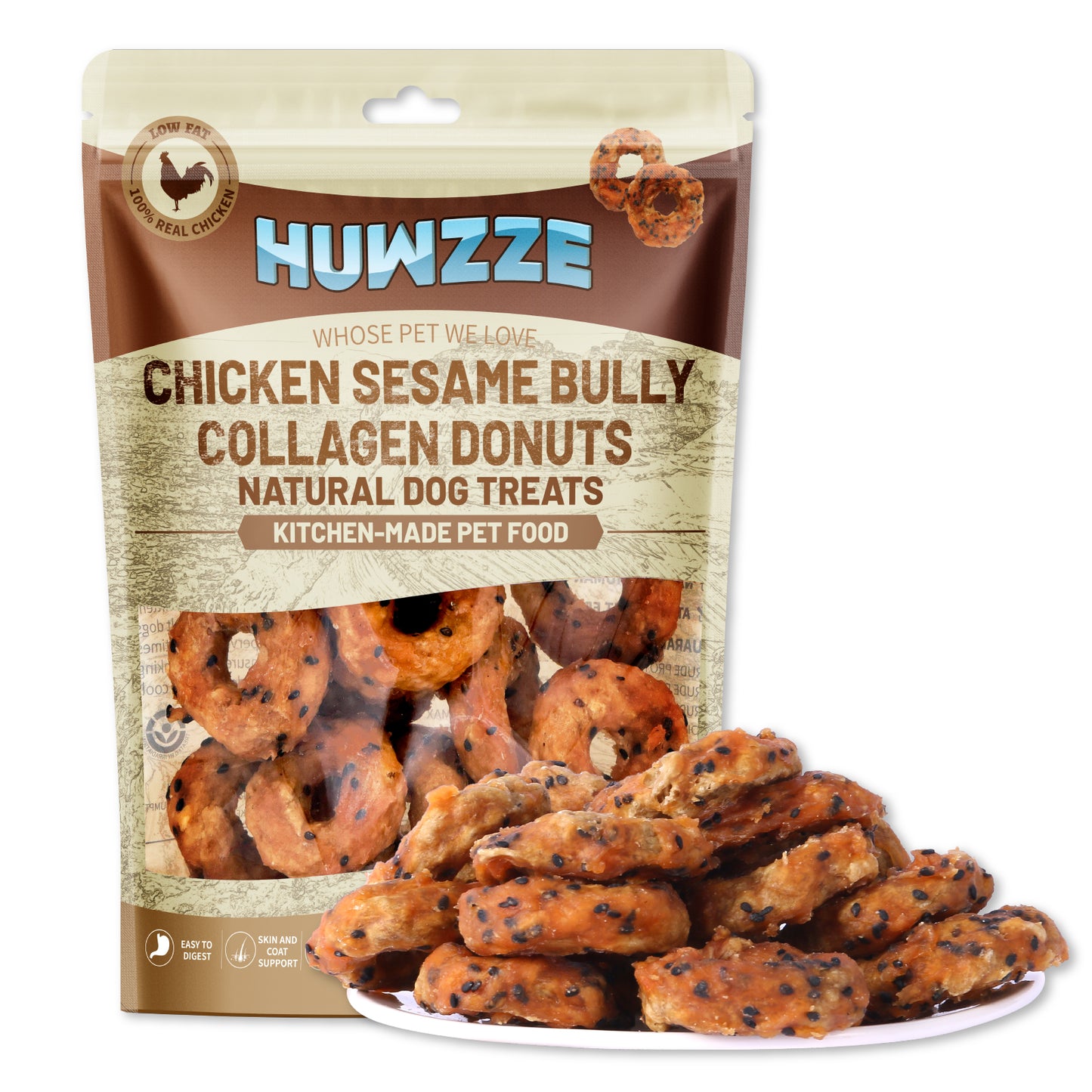 HUWZZE Chicken Sesame Bully Collagen Donuts for Dogs, Rawhide Free Dog Treats Chewy Snacks 11.6 oz