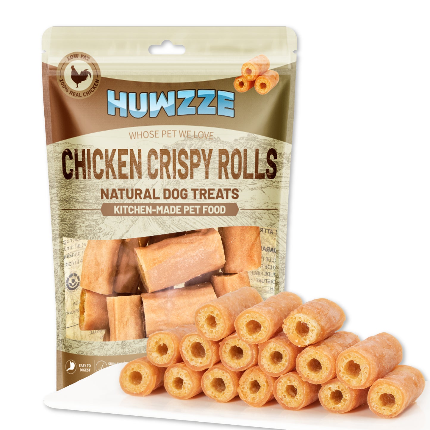 HUWZZE Chicken Crispy Rolls for Dogs, Rawhide Free Dog Treats,High Protein Chewy Snacks 14.1 oz