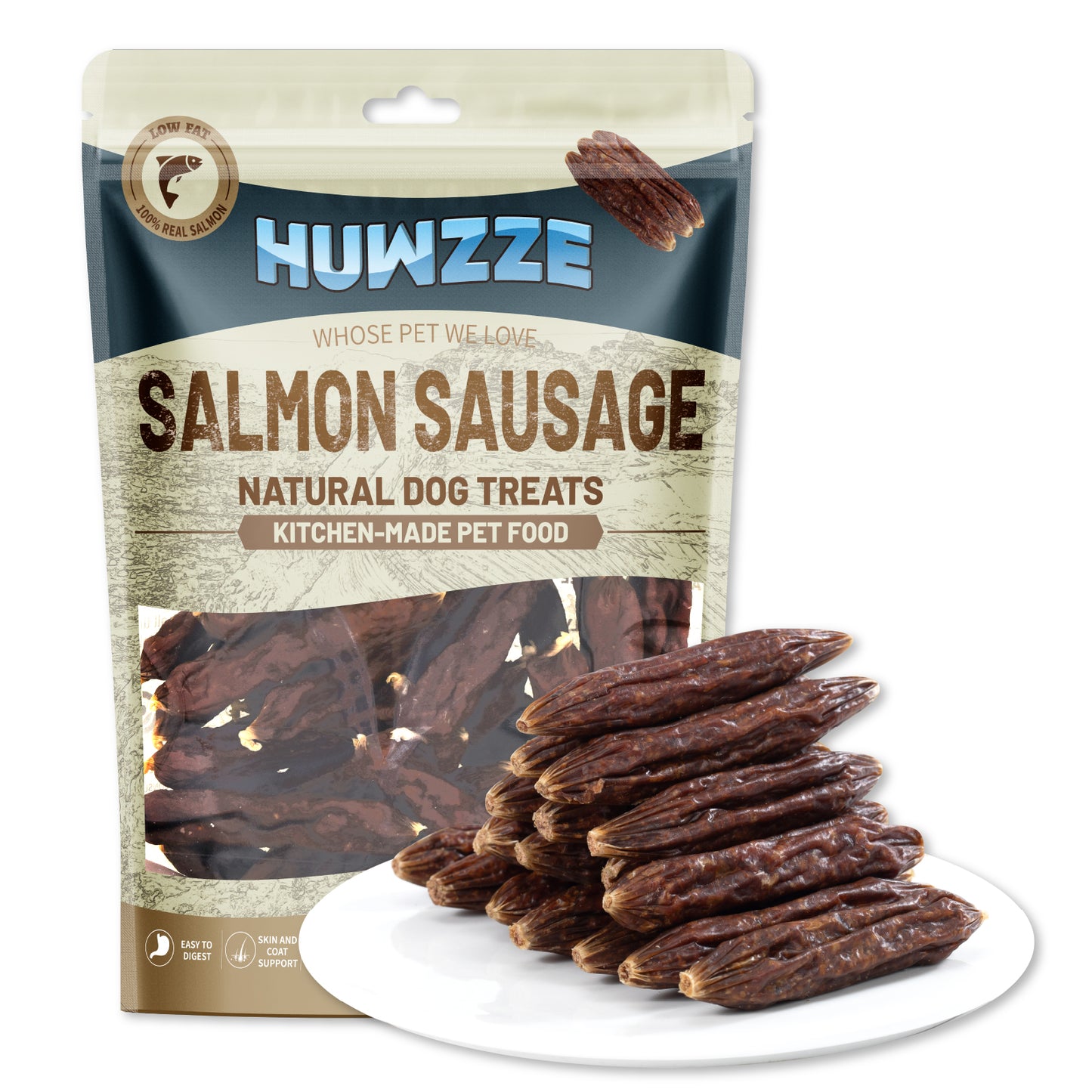 HUWZZE Salmon Sausage for Dogs & Cats, Human Grade Dog Treats Snacks 14.1 oz