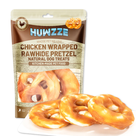HUWZZE Chicken Wrapped Rawhide Pretzel for Dogs, Long Lasting Dog Treats Chewy Snacks for Medium Large Dogs 8.8 oz