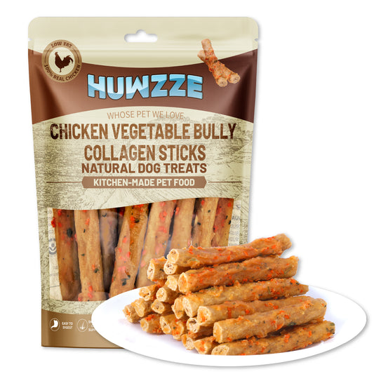 HUWZZE Chicken Vegetable Bully Collagen Sticks for Dogs, Rawhide Free Dog Treats Chewy Snacks 12.3 oz