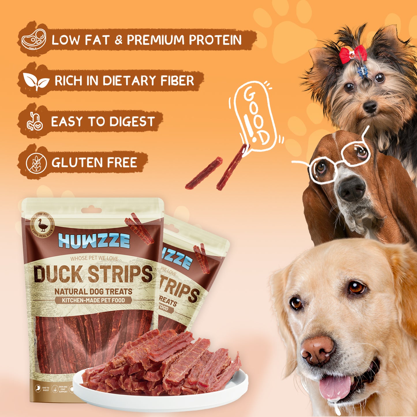 HUWZZE Duck Strips for Dogs & Cats, Grain Free Dog Training Treats, Rawhide Free Chewy Snacks 14.1 oz