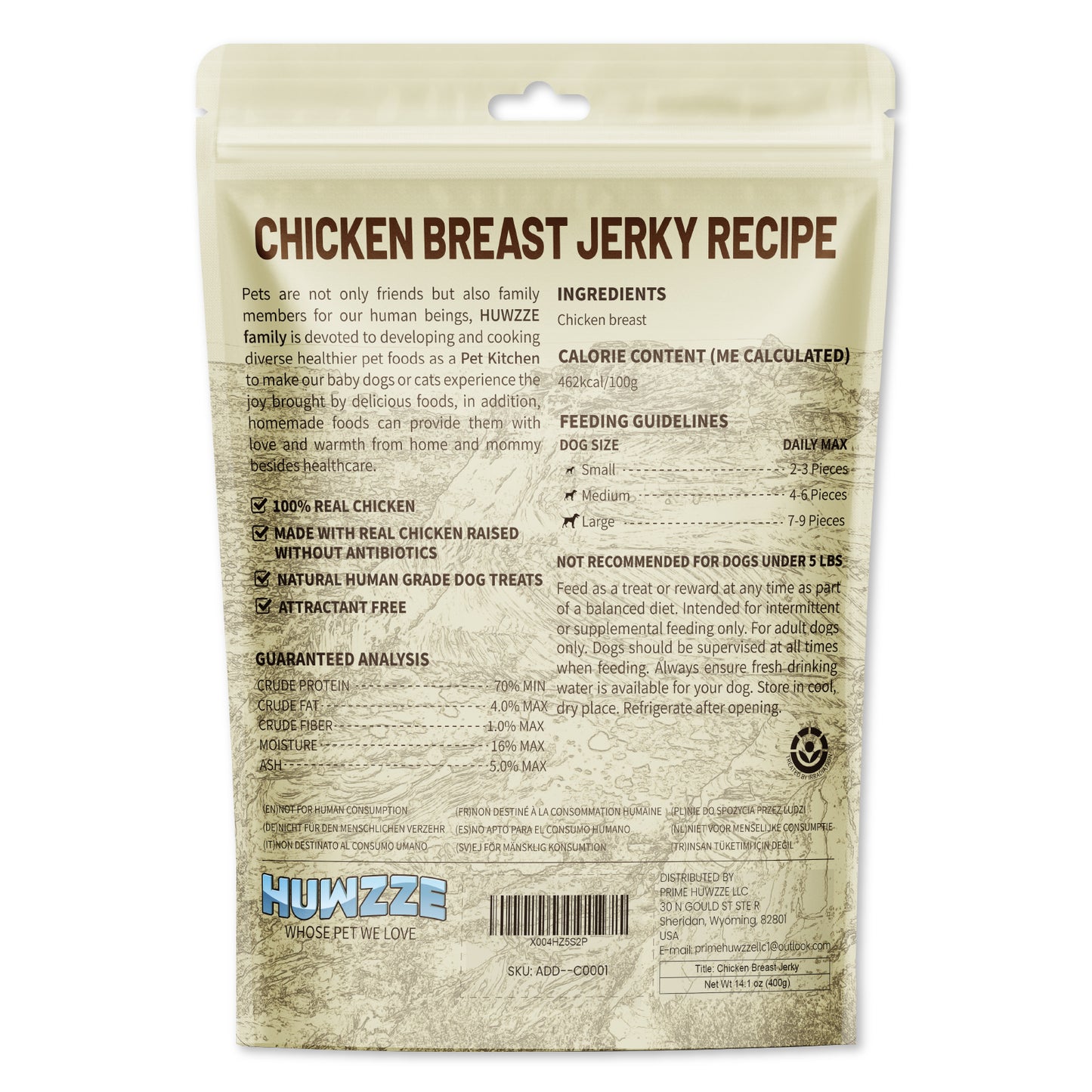 HUWZZE Chicken Jerky for Dogs, Made with 100% Real Chicken Breast, Grain Free Dog Treats 14.1 oz