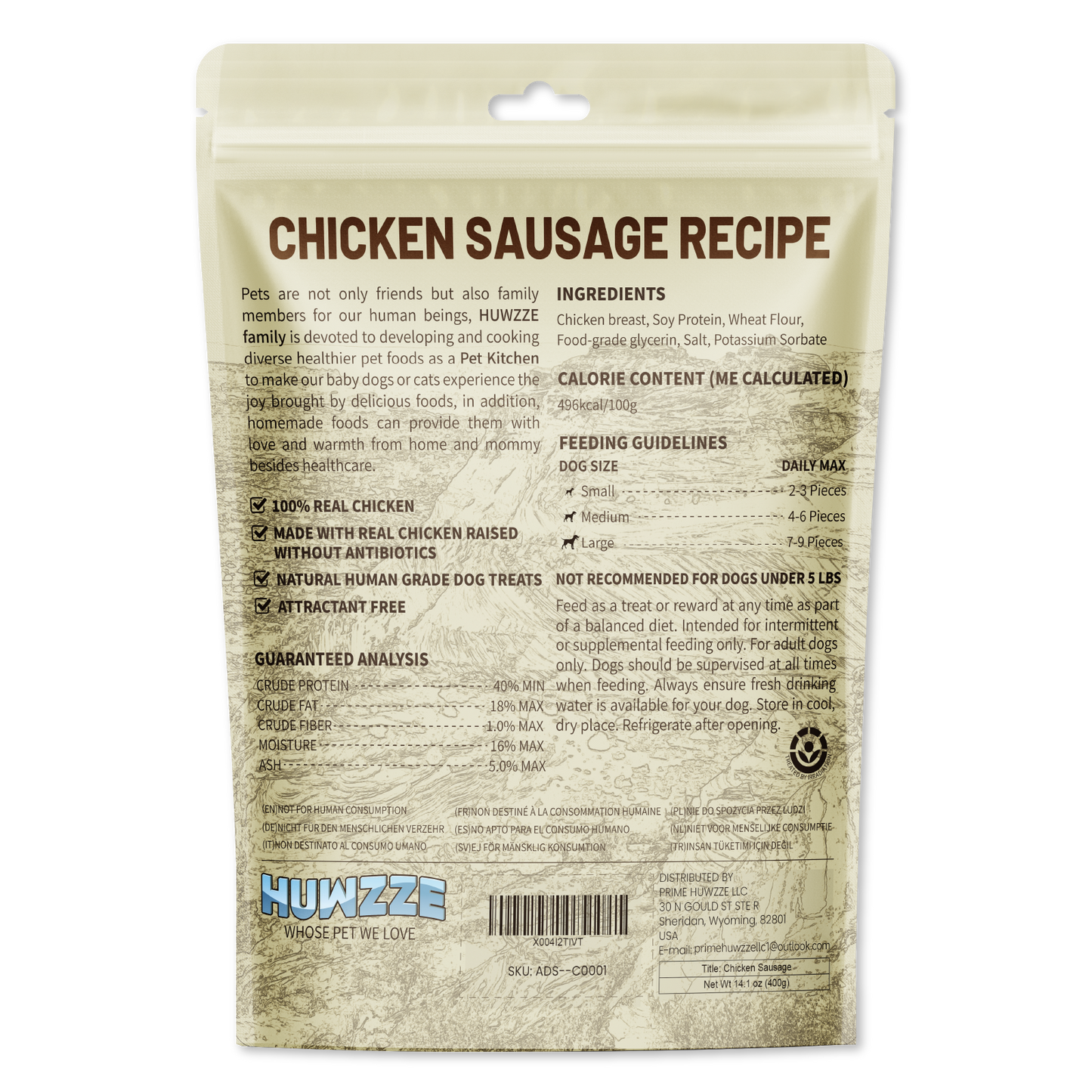 HUWZZE Chicken Sausage for Dogs & Cats, Human Grade Dog Treats Snacks 14.1 oz
