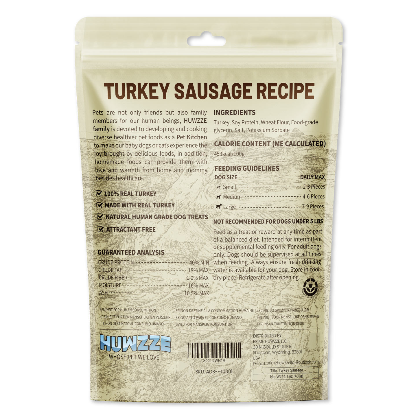 HUWZZE Turkey Sausage for Dogs & Cats, Human Grade Dog Treats Snacks 14.1 oz