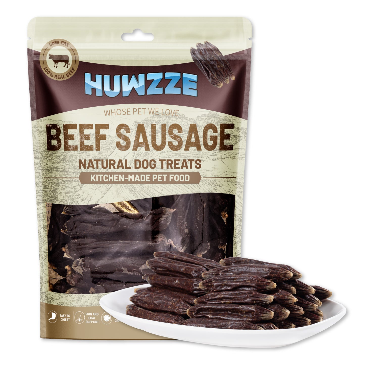 HUWZZE Beef Sausage for Dogs & Cats, Human Grade Dog Treats Snacks 14.1 oz