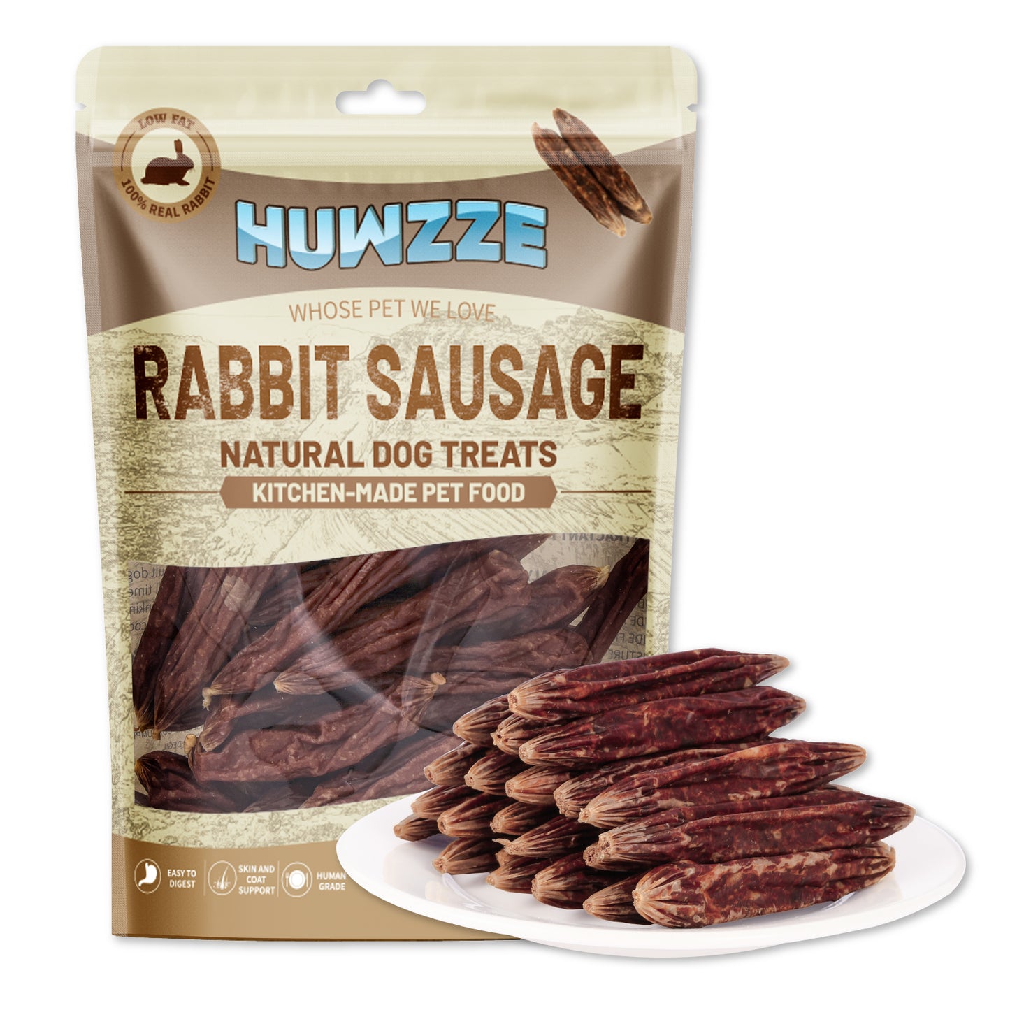 HUWZZE Rabbit Sausage for Dogs & Cats, Human Grade Dog Treats Snacks 14.1 oz