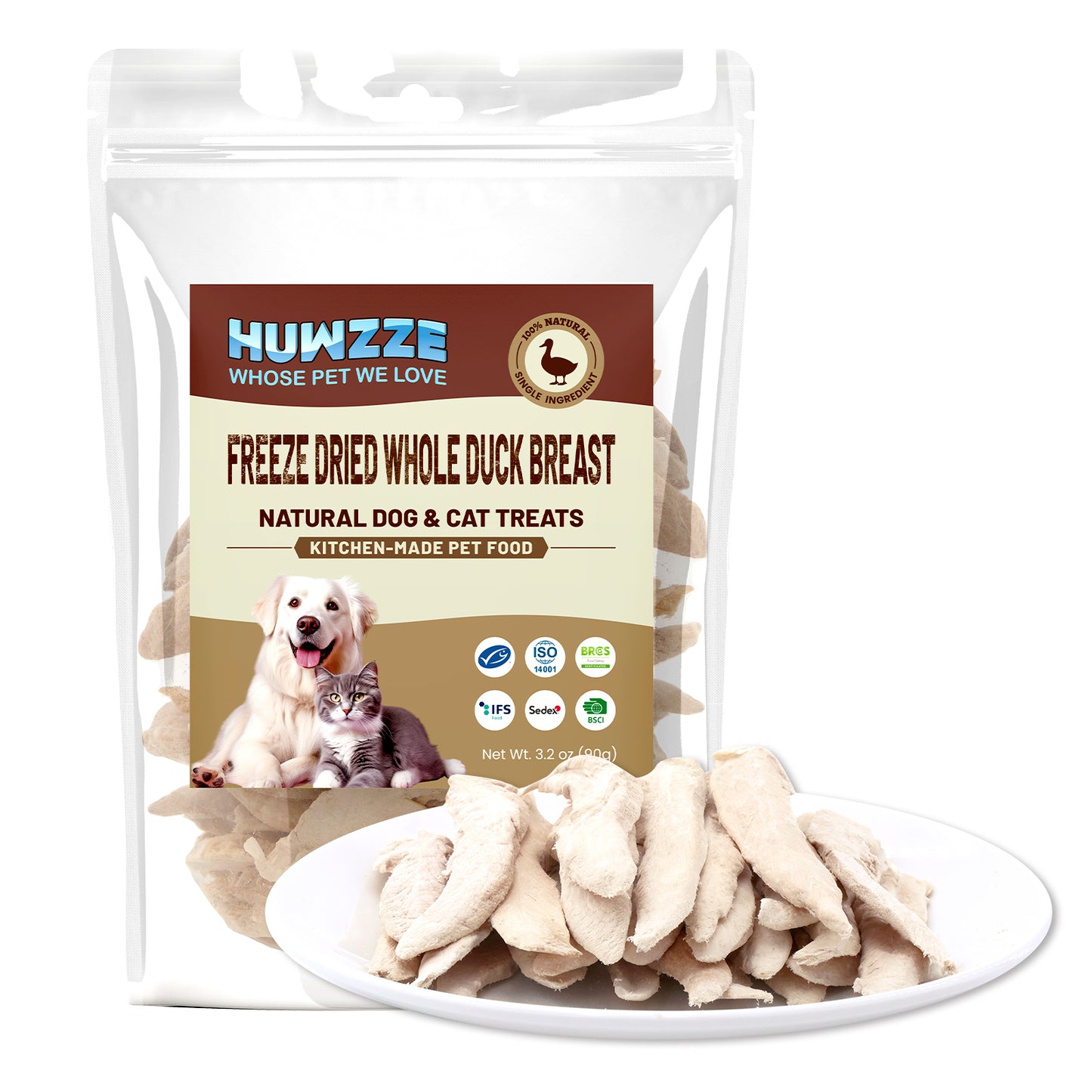 HUWZZE Freeze Dried Whole Duck Breast Treats for Cats & Dogs, Single Ingredient All Natural Grain-Free Dog Treats Snacks-Pet Food Perfect for Training 3.2 oz