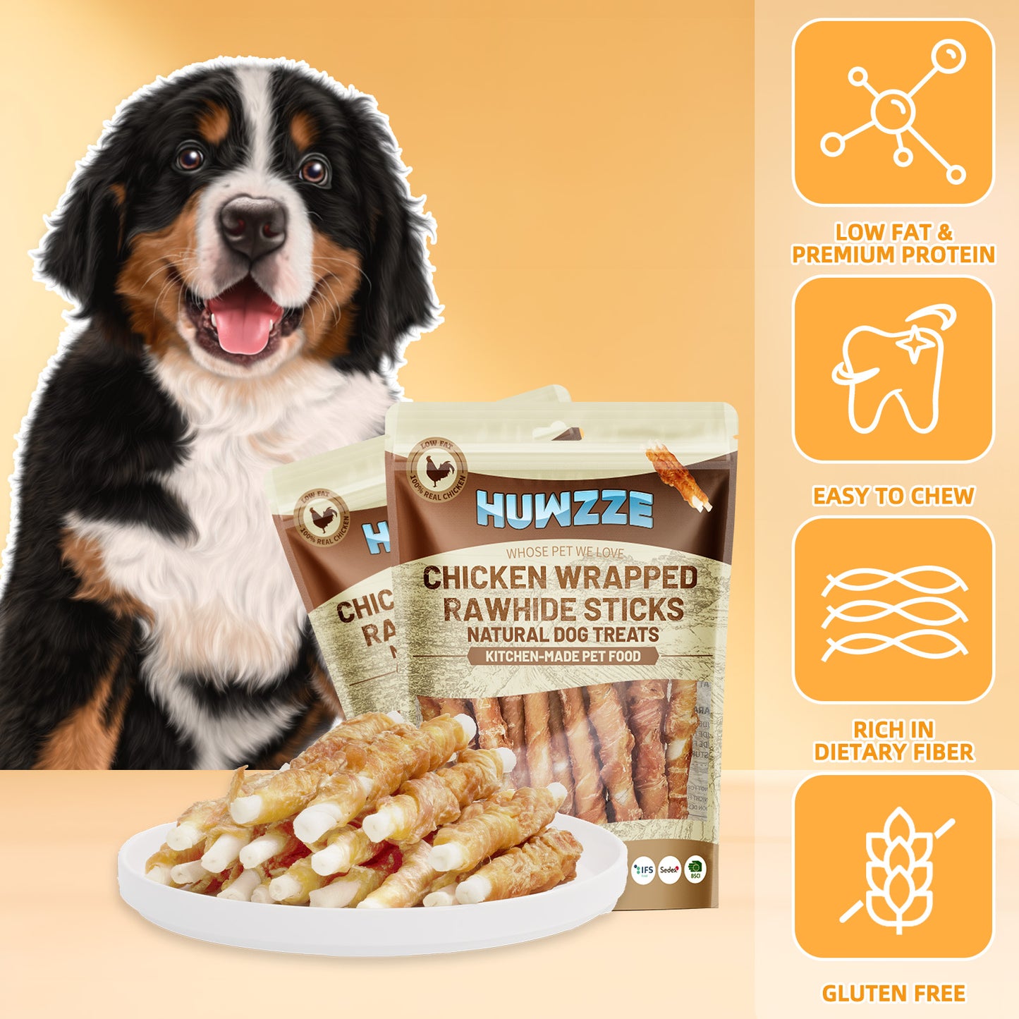 HUWZZE Chicken Wrapped Rawhide Sticks, Grain Free Dog Treats Chewy Snacks 14.1 oz