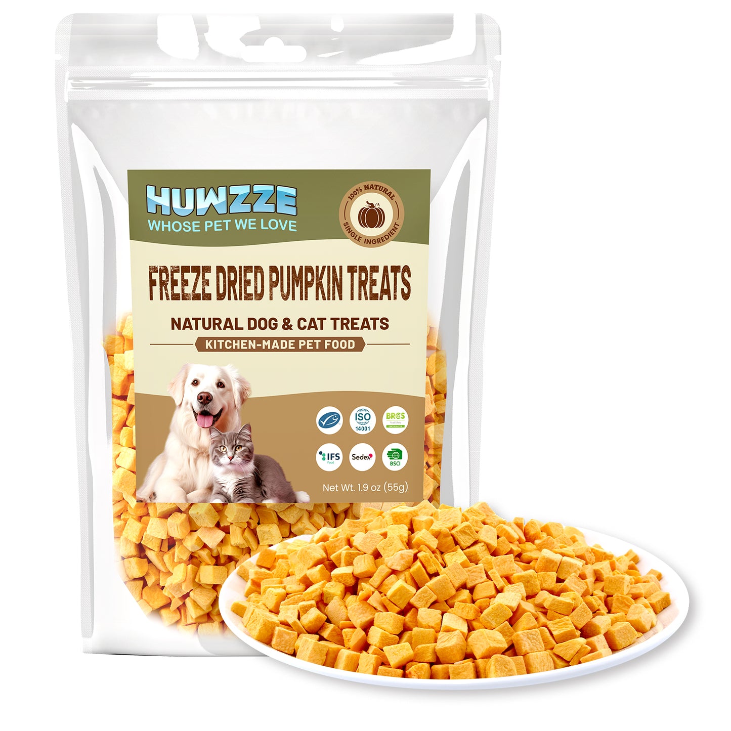 HUWZZE Freeze Dried Organic Pumpkin Treats for Cats & Dogs, Single Ingredient All Natural Dog Treats Snacks-Diabetic Friendly Pet Food Perfect for Training 1.9 oz