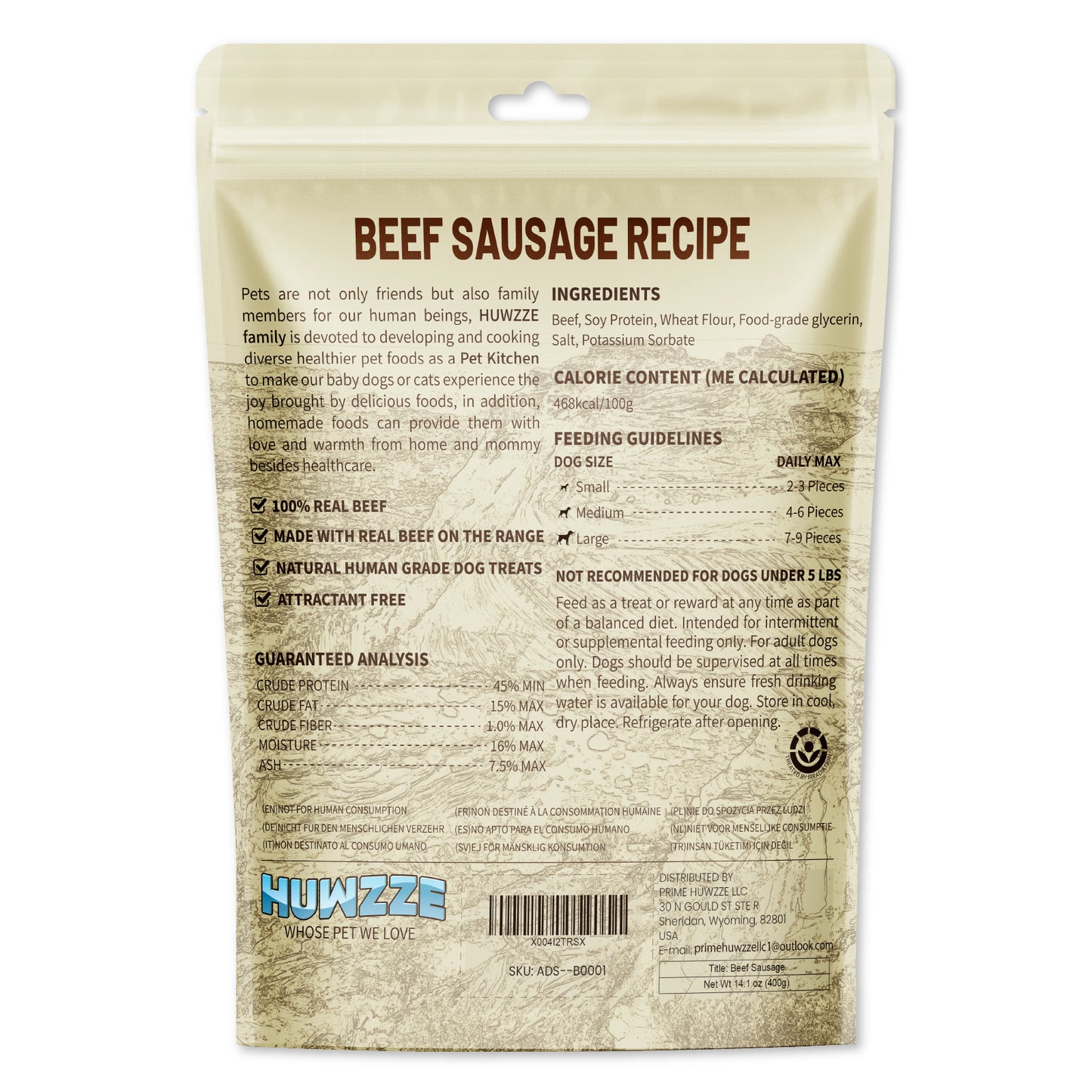 HUWZZE Beef Sausage for Dogs & Cats, Human Grade Dog Treats Snacks 14.1 oz