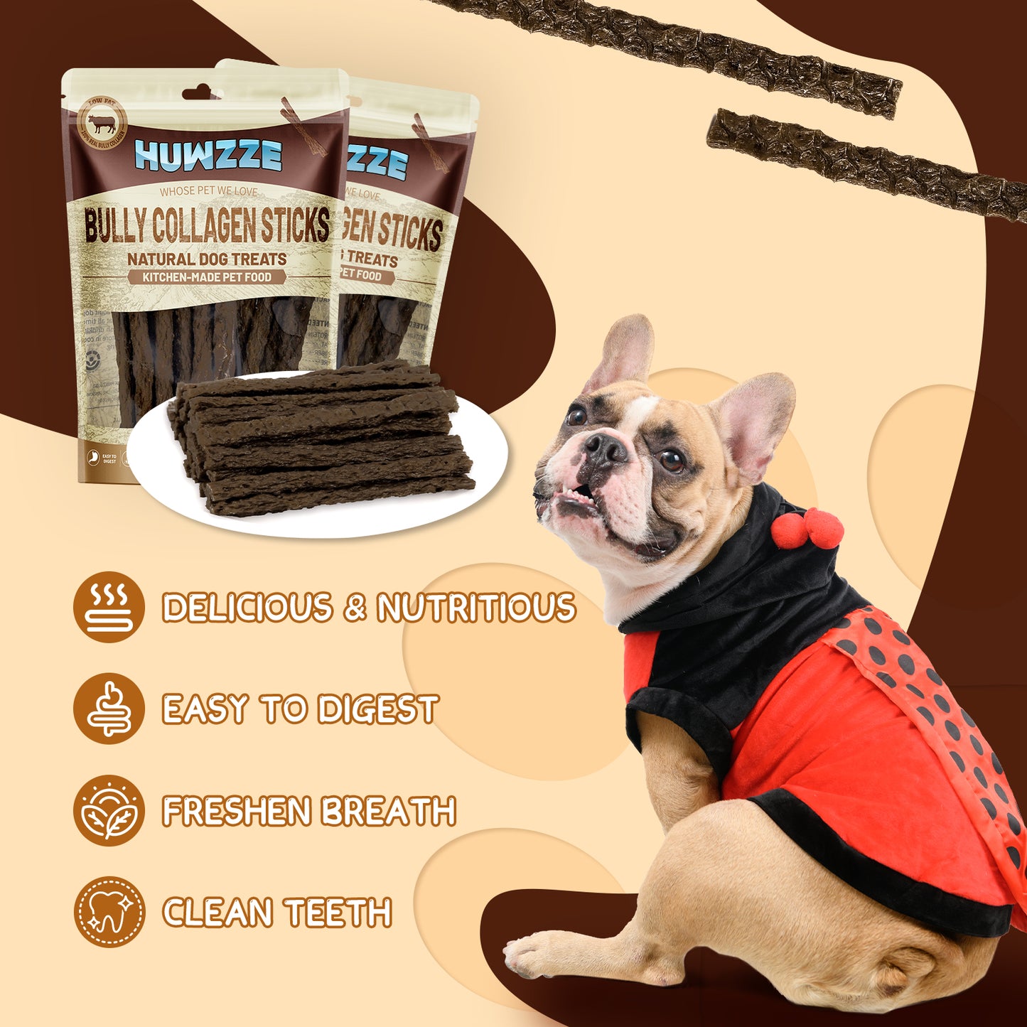 HUWZZE Bully Collagen Sticks for Dogs, Rawhide Free Dog Treats Chewy Snacks 14.1 oz