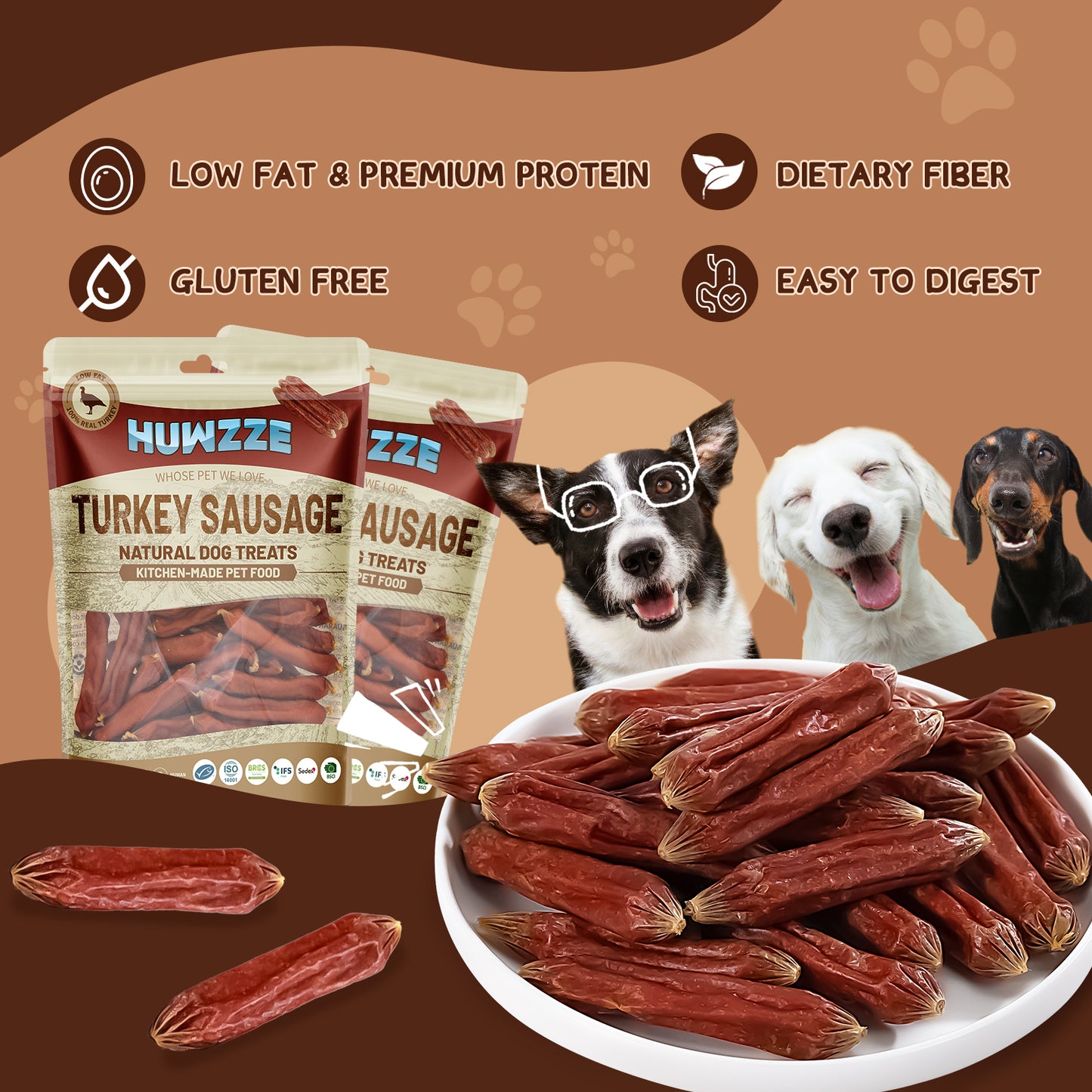 HUWZZE Turkey Sausage for Dogs & Cats, Human Grade Dog Treats Snacks 14.1 oz