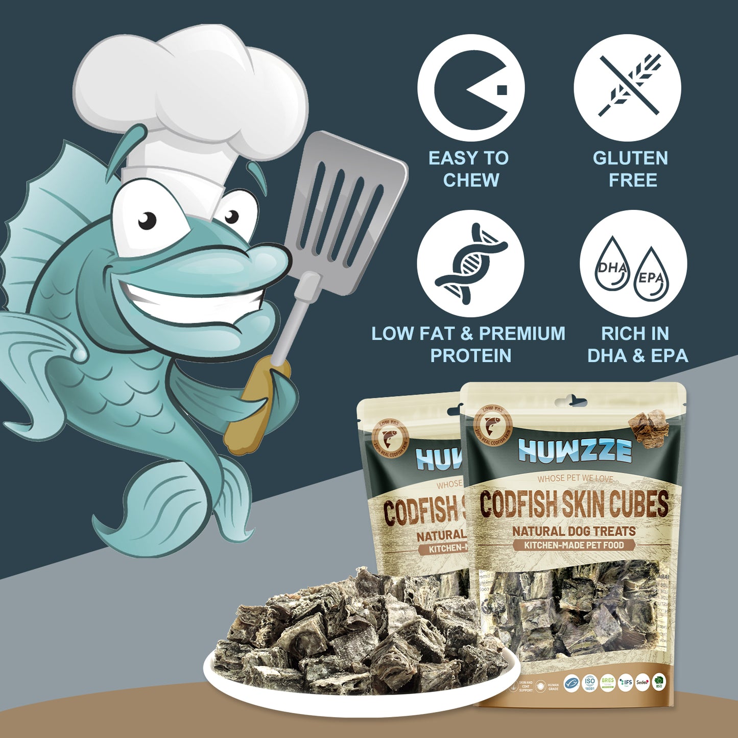 HUWZZE Codfish Skin Cubes for Dogs, Grain Free Dog Treats Chewy Snacks, Rich in Omega-3 and Protein 8.8 oz