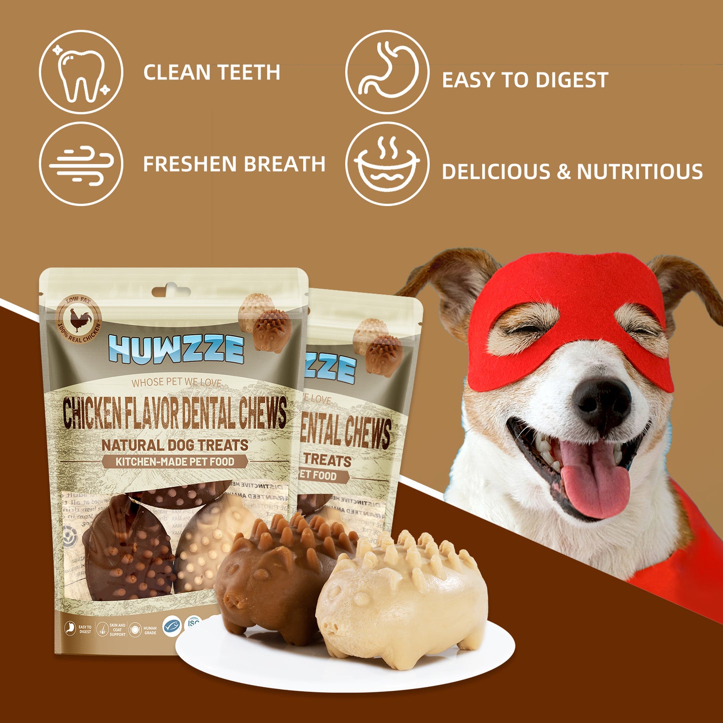 HUWZZE Dental Chews for Dogs, Chicken Flavor Dental Dog Treats Chewy Snacks, Oral Care and Hygiene Chews 15.1 oz