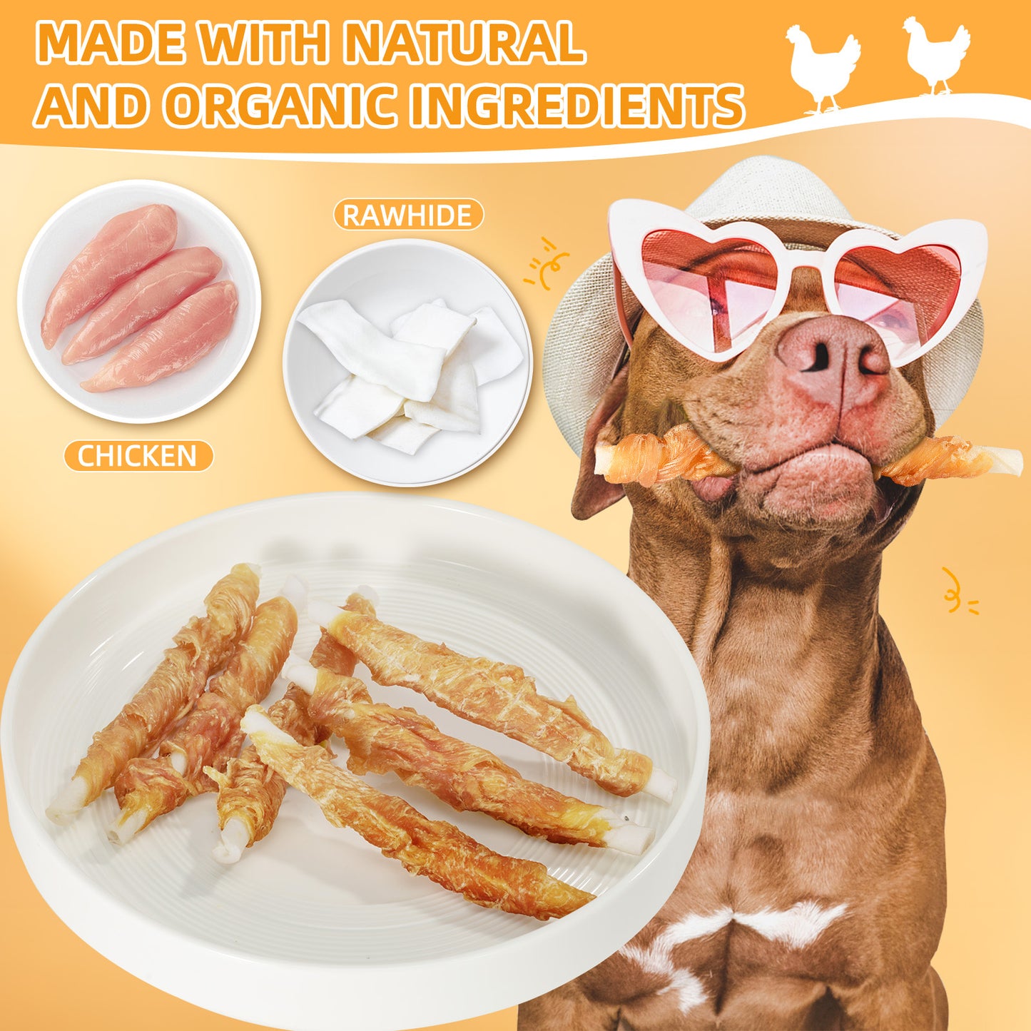HUWZZE Chicken Wrapped Rawhide Sticks, Grain Free Dog Treats Chewy Snacks 14.1 oz